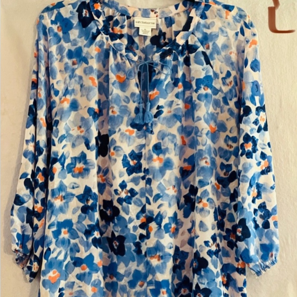LADIES BLUE, WHITE & ORANGE SHEER TOP